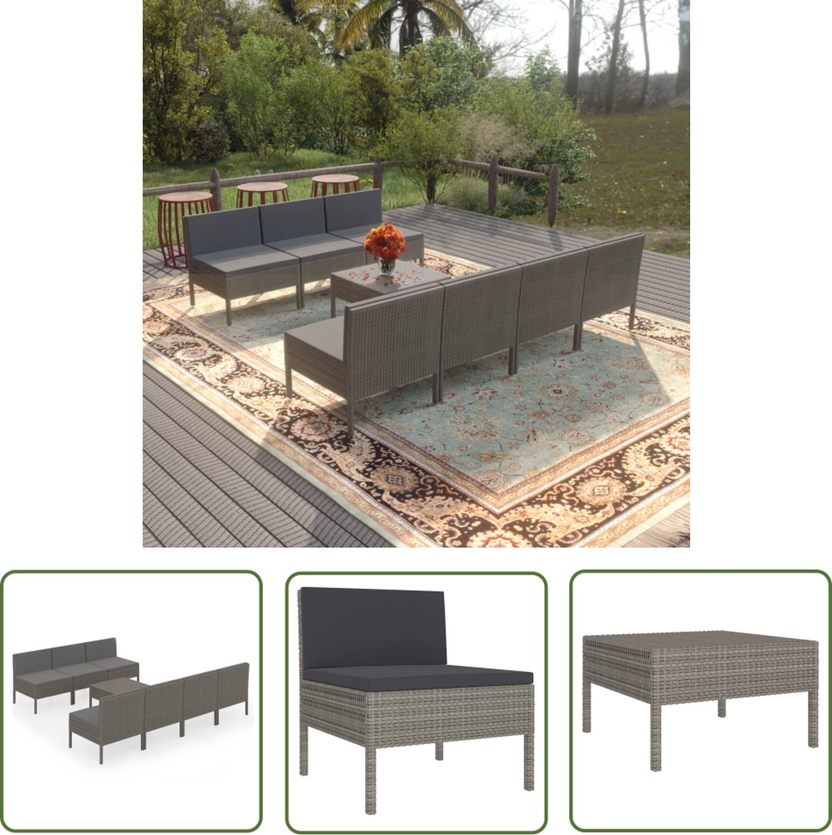 Grijze poly rattan loungeset met kussens voor buiten.