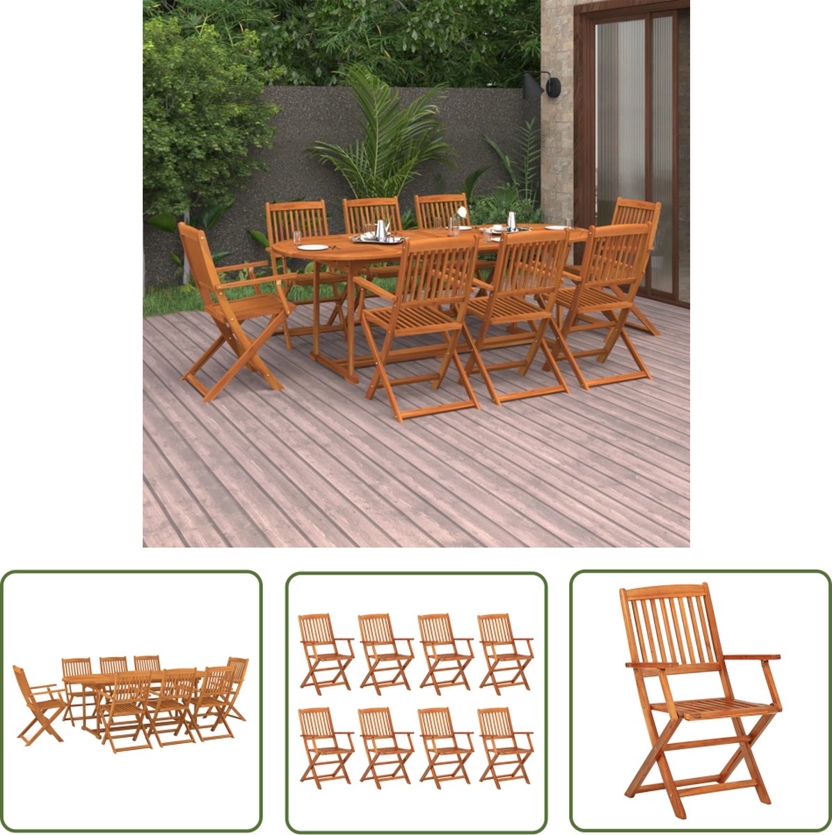 The Living Store 9-delige Tuinset 220x90x75 cm massief acaciahout - Eetkamerstoel - Tuinstoel - Acacia Hout - Buitentafel - Outdoor Furniture