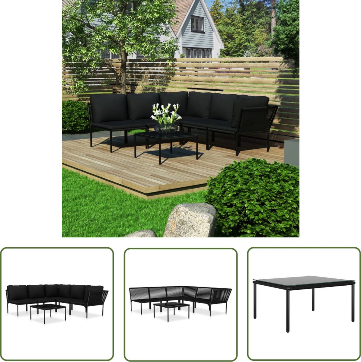Zwarte PVC loungeset met kussens voor buiten - The Living Store.