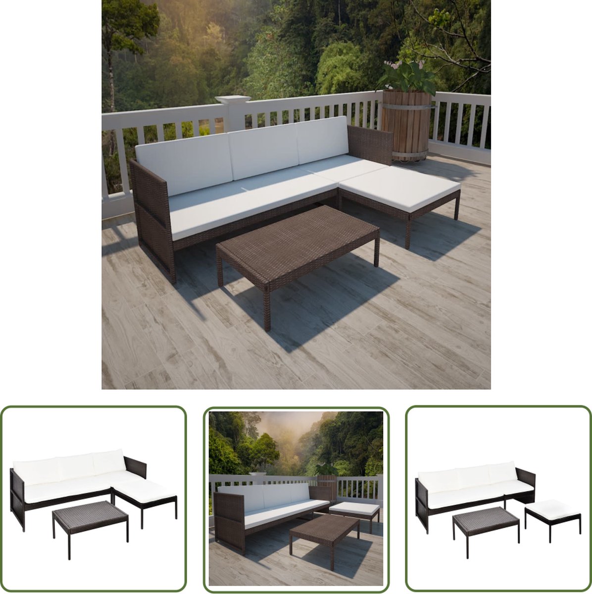 The Living Store 3-delige Loungeset met kussens poly rattan bruin - Loungeset - Tuinset - Rattan Meubilair - Buitendecoratie - Lounge Set