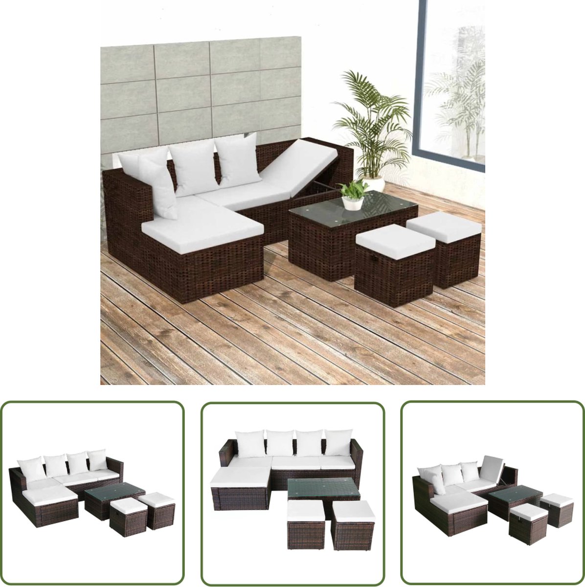 The Living Store 4-delige Loungeset met kussens poly rattan bruin - Tuinmeubelen - Lounge Set - Hoekbank - Buitendecoratie - Tuinset