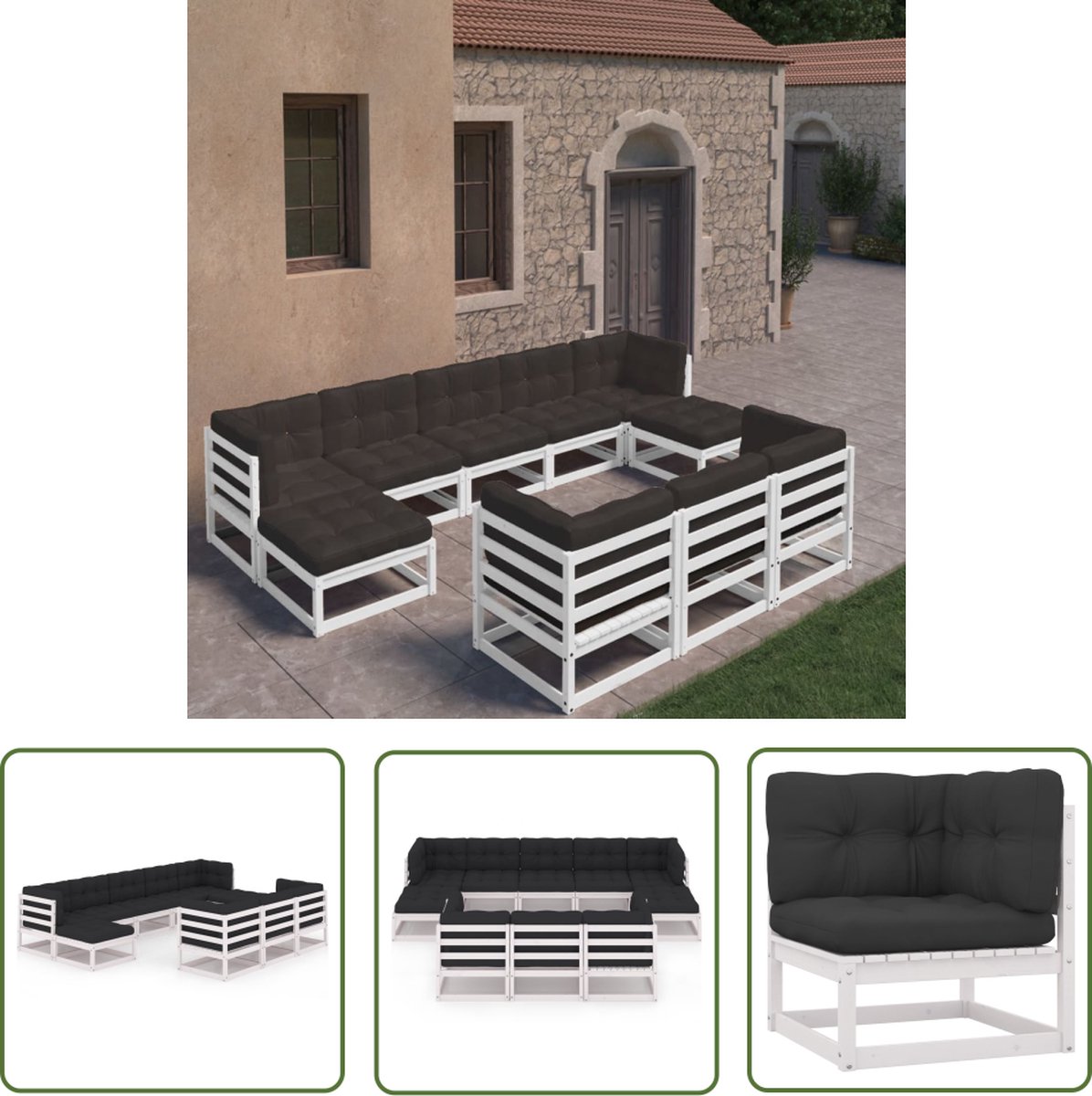 The Living Store 10-delige Loungeset met kussens massief grenenhout wit - Loungebank - Tuinmeubles - Lounge Set - Houten Loungebank - Outdoor Furniture