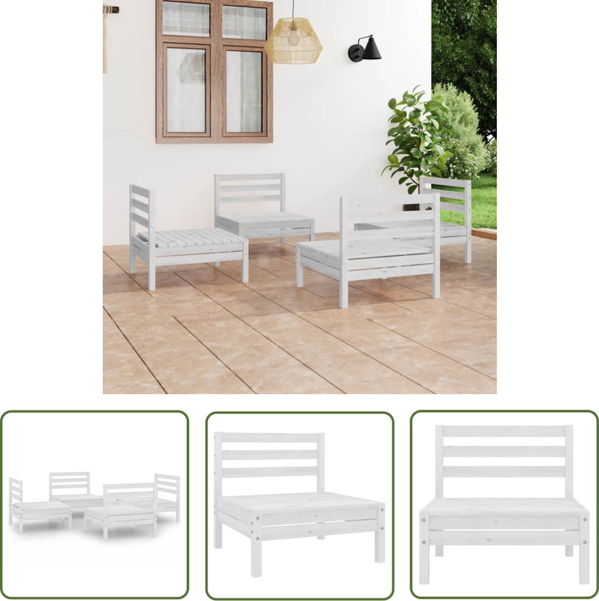 The Living Store 4-delige Loungeset massief grenenhout wit - Loungeset - Tuinlounge - Lounge Stoffen - Houten Loungestoel - Buitendineren