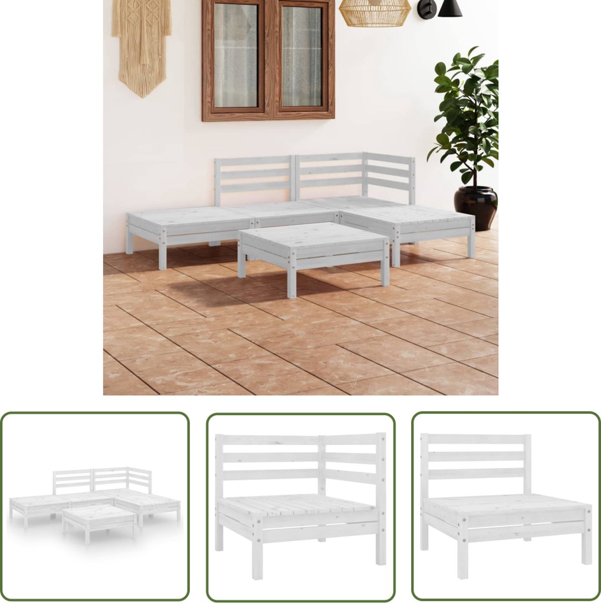 Witte loungeset van massief grenenhout voor buiten - The Living Store.