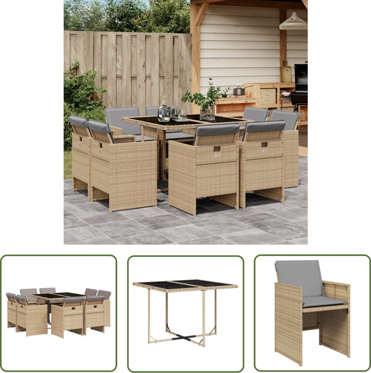 The Living Store 9-delige Tuinset met kussens poly rattan gemengd beige - Tuinmeubles - Buitenmeubilair - Eetkamerset - Lounge Set - Patio Set