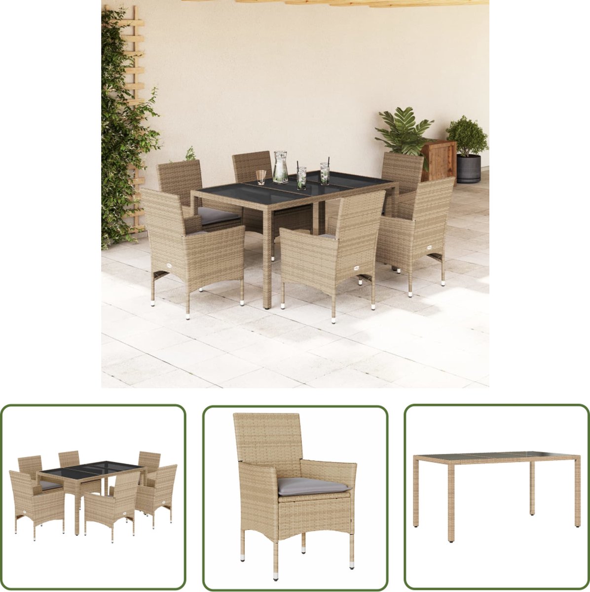 The Living Store 7-delige Tuinset met kussens poly rattan en glas beige - Tuin Set - Tuinset - Lounge Set - Buitenshuis Dineren - Patio Set