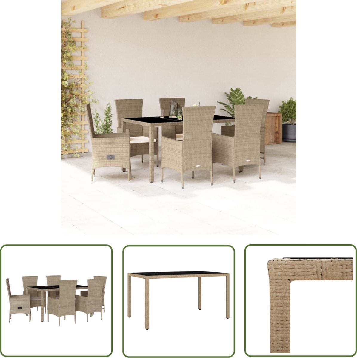 The Living Store 7-delige Tuinset met kussens poly rattan beige - Buitendecoratie