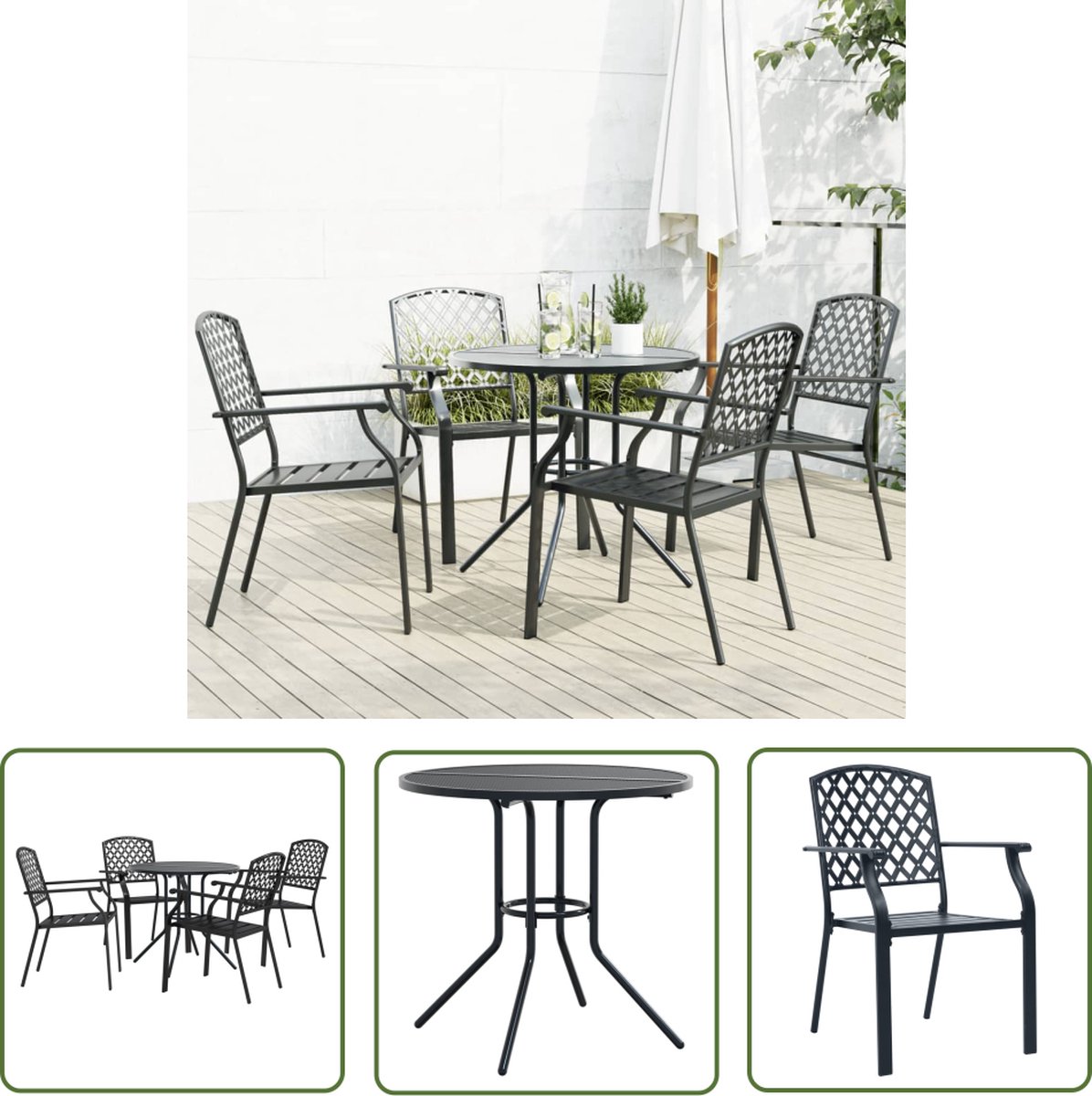 The Living Store 5-delige Tuinset stapelbaar gepoedercoat staal antracietkleur - Tuinsets - Bistroset - Buitentijd - Terrassenset - Lounge Set