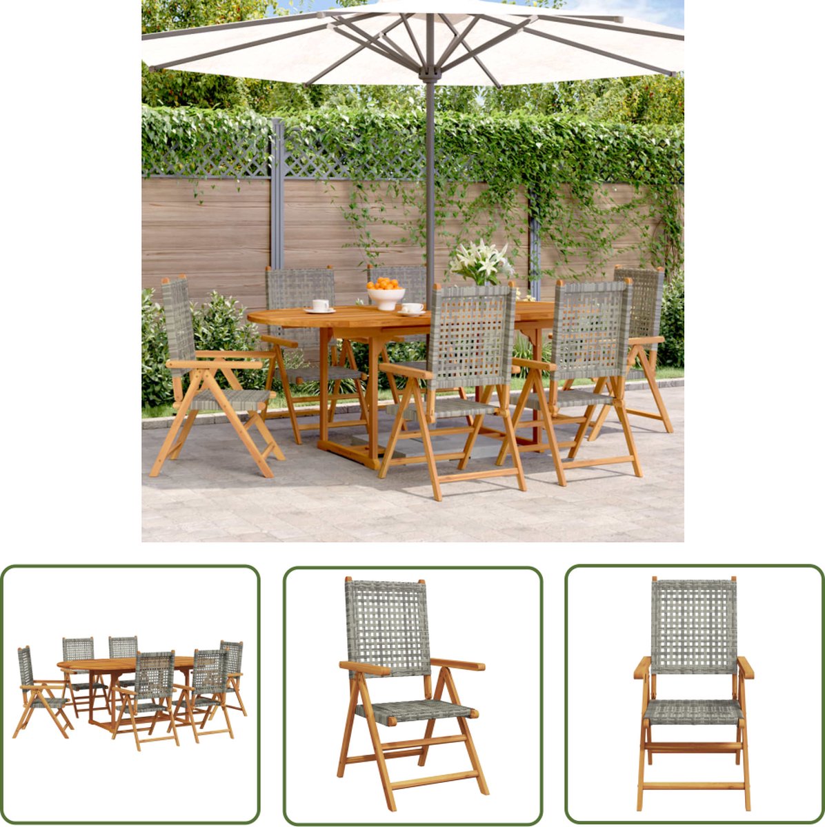 The Living Store 7-delige Tuinset poly rattan en massief hout grijs - Tuin Set - Acacia Hout - Eetkamerset - Buis Meubel - Tuintafel