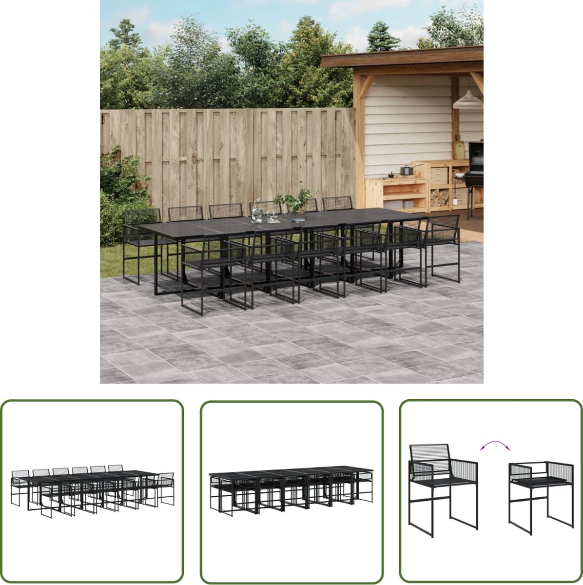 The Living Store 13-delige Tuinset poly rattan zwart - Tuinmeubel - Loungeset - Buitentafel - Eetkamerset - Lounge Set