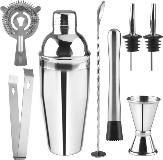 Mezzar Cocktailshaker, 8-delig, 750 ml, roestvrij staal, cocktailmixset, premium barkeeper-cadeauset met maatbeker, lepel en schenktuit, geschikt voor baraccessoires en thuisfeest