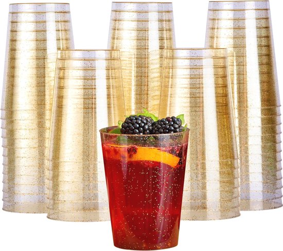 MATANA Harde Plastic Bekers – 60 Stuks Met Goudglitter – 270 Ml – Herbruikbaar – Voor Bruiloften, Verjaardagen, Kerst, Feesten – Stevig En Elegant