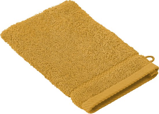 Gele washandjes met ribbelrand en lusje.