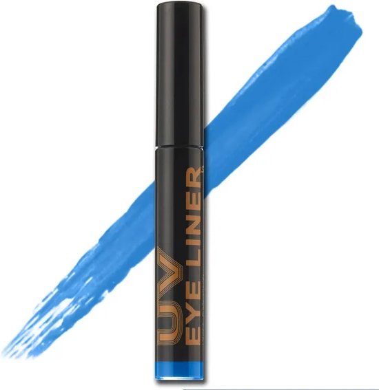 Een zwarte buis met UV EYE LINER en een dikke blauwe streep eyeliner.