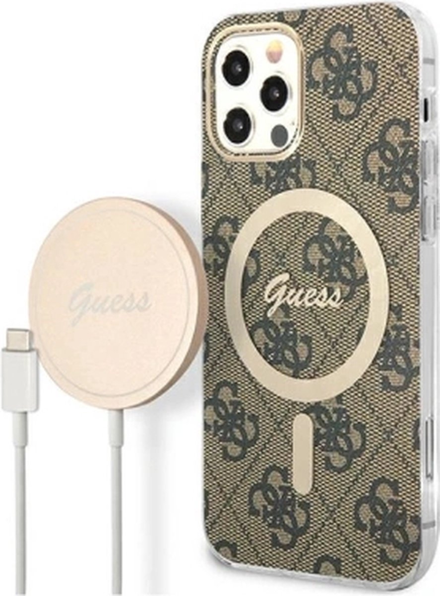 Bescherming Guess Case + Charger Set iPhone 12/12 Pro brown hard case 4G Print MagSafe