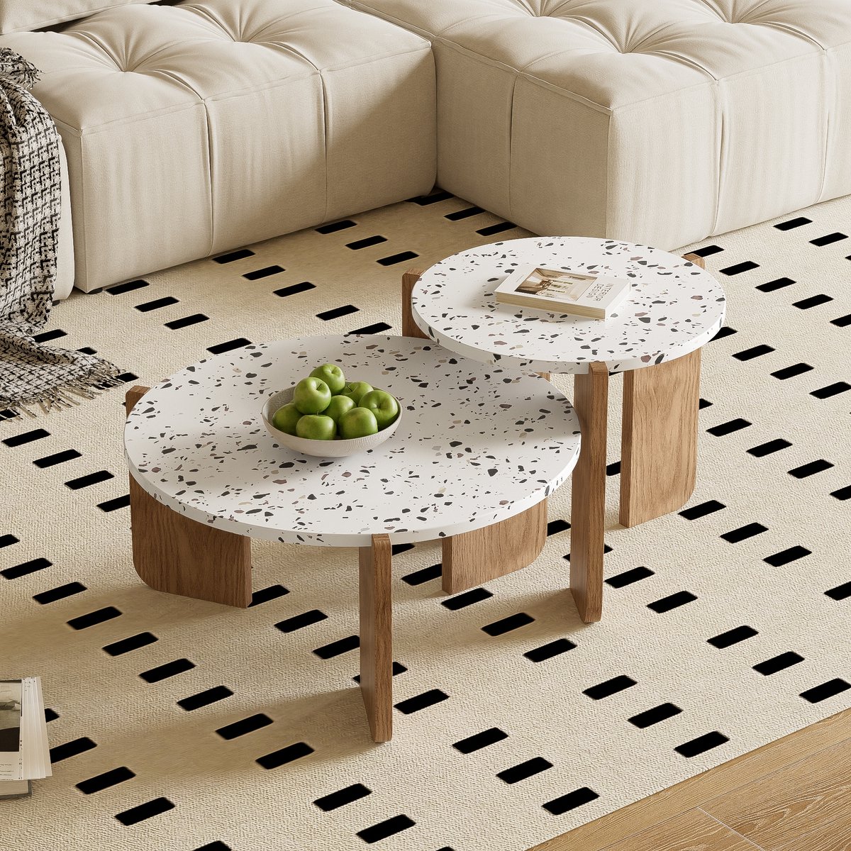 Gutent Salontafel, Wit + Houtkleur, set van 2, Gespikkeld Ontwerp, Bijzettafel, Woonkamer salontafel set, bank bijzettafel en balkon