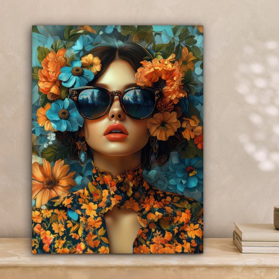 Canvas schilderij 30x40 cm - Wanddecoratie Vrouw - Bloemen - Oranje - Blauw - Modern - Muurdecoratie woonkamer - Slaapkamer decoratie - Kamer accessoires - Schilderijen op canvas