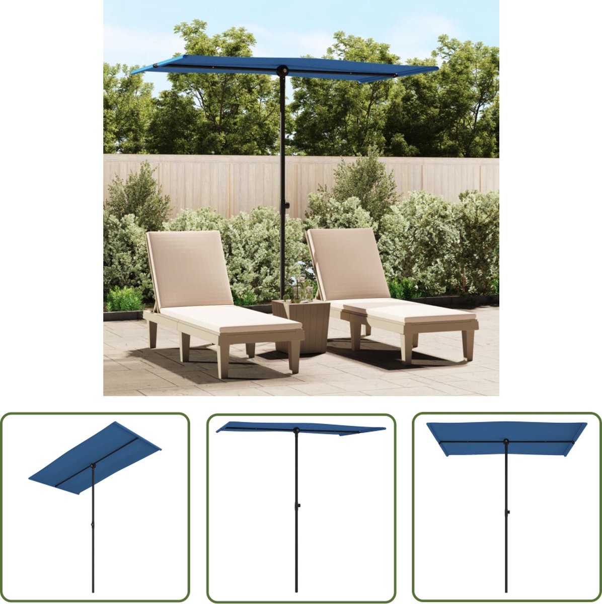 The Living Store Azuurblauwe tuinparasol van 180x110 cm met aluminium paal, zonnebescherming voor de zomerzon.