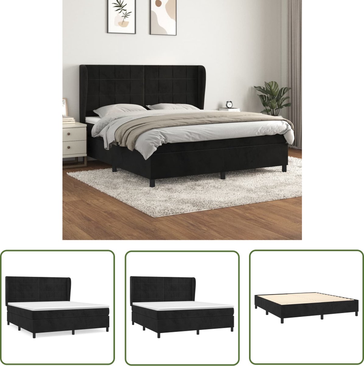 The Living Store Boxspringbed - Luxe - Zwart - 203x183x118/128 cm - Fluweel