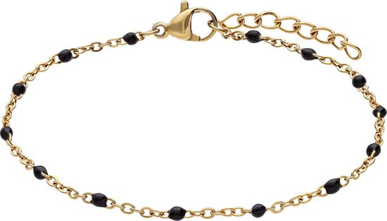 Gouden armband met schakels en zwarte kraaltjes, met karabijnsluiting.