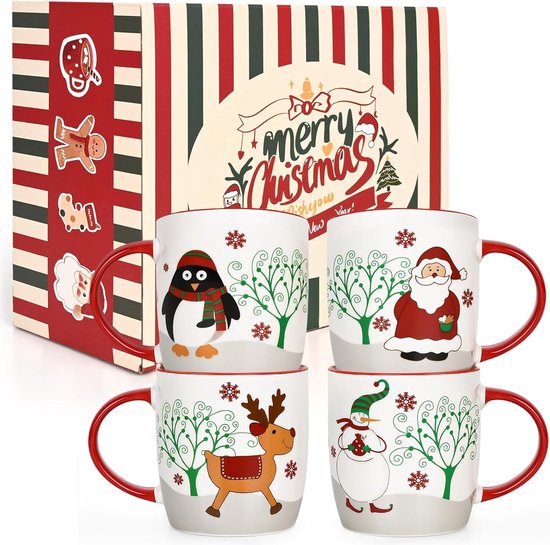 Jumbomokken set van 4 Xmas mokken in rood wit