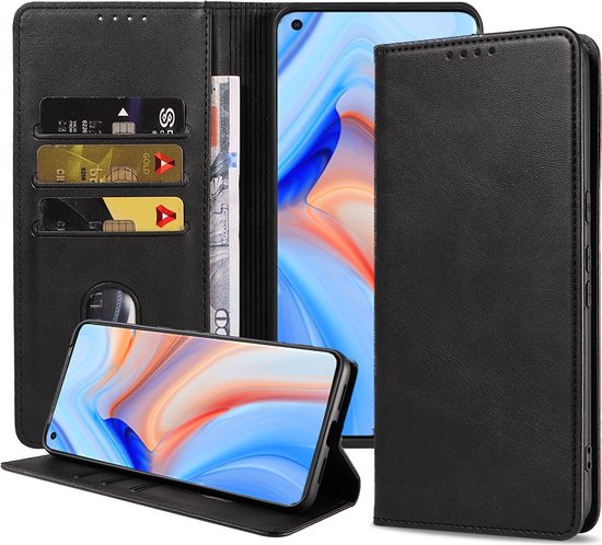 Smartphonica Étui de téléphone pour Oppo Reno 4 Pro 5G Étui en Cuir Artificiel avec Fermeture Magnétique et Porte-cartes Book Case avec Couverture - Zwart pour Oppo Reno 4 Pro 5G
