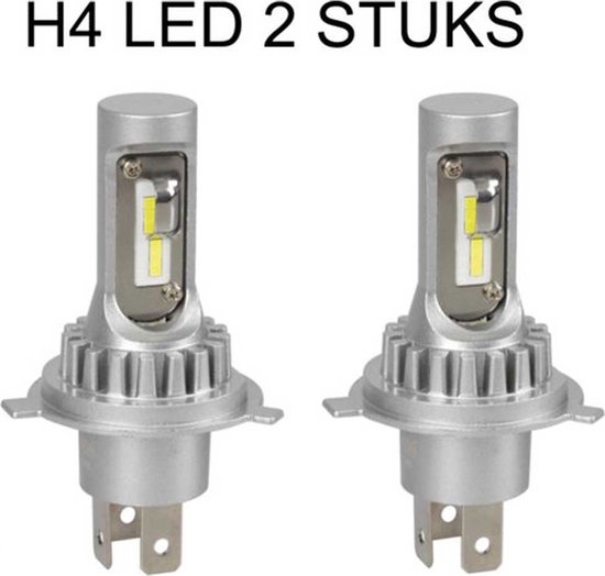 Twee H4 LED-lampen, zilverkleurig, met gekartelde rand en witte LED-strips. Tekst 'H4 LED 2 STUKS'.