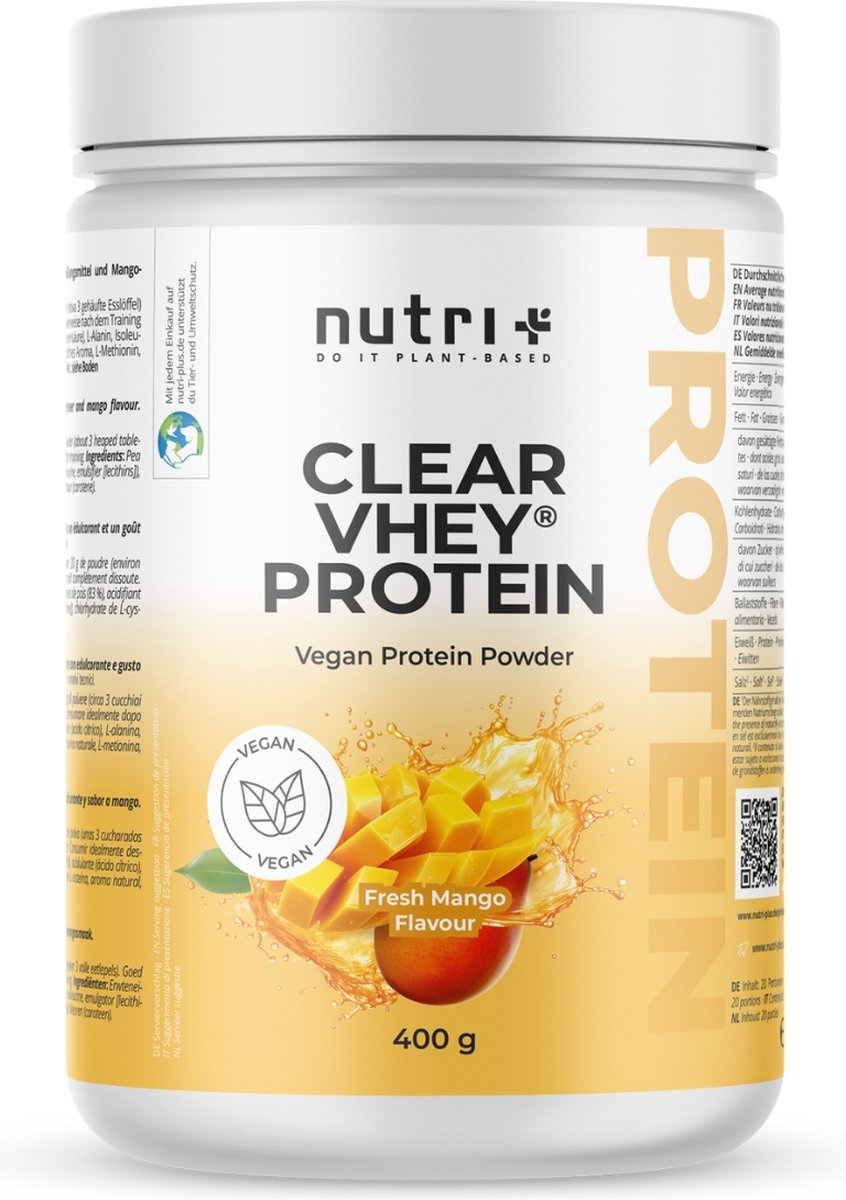 Goedkoopste nutri Clear Vhey Protein - Eiwit limonade Fresh Mango - Veganistisch proteïnepoeder - heldere eiwitshake met erwteneiwit - 400 g