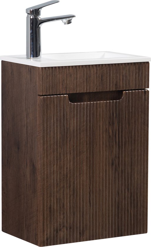 Badplaats Toiletmeubel Thermis 40 x 22 cm - Walnoot Bruin - Fonteinmeubel met Witte Wastafel
