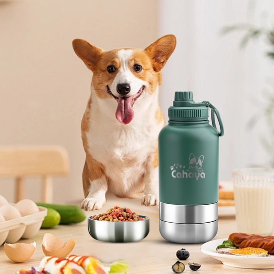 Cahaya - Thermosfles hond - Groen - Draagbare voer en waterbak voor honden - Drinkfles voerbak voor huisdieren - Drinkfles hond - water & voerbak voor onderweg - Waterfles 950 ml - Draagbare waterfles & voerbak honden