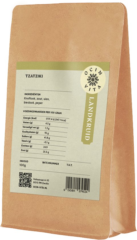 Verpakking tzatziki kruidenmix van Ocin Vita. Ingrediënten: knoflook, zout, ui, bieslook, peper. Gewicht 100g.
