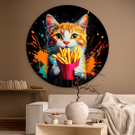 WallCircle® Wandcirkel 150x150 cm - Muurcirkel Kat - Eten - Patat - Graffiti - Abstract - Muurdecoratie woonkamer - Wanddecoratie slaapkamer - Kamer decoratie accessoires - Ronde schilderijen