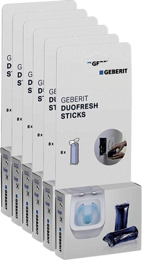 Verpakking met zes Geberit DuoFresh Sticks voor het toilet.
