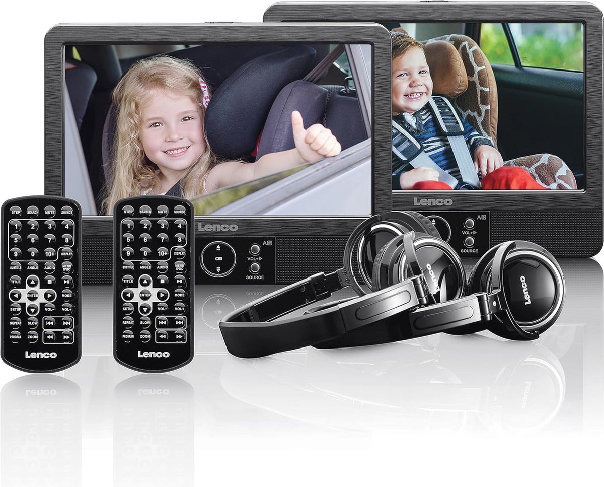 Draagbare DVD-speler set met dubbele schermen en hoofdtelefoons