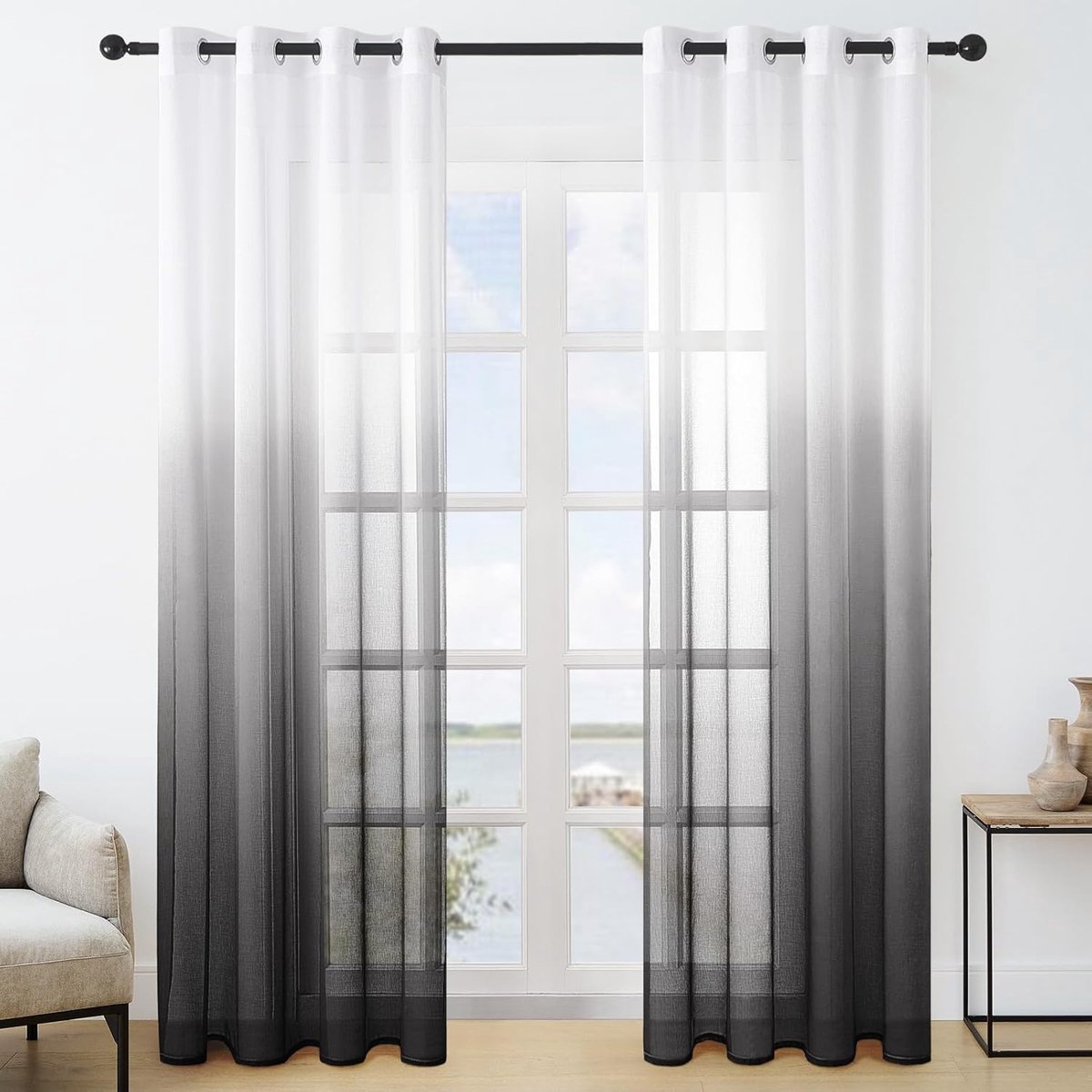 Gordijnen met kleurverloop, linnenlook, transparant gordijn, kort, tule gordijn met oogjes, 225 x 140 cm (h x b), modern, voor decoratie kinderkamer, woonkamer, slaapkamer, set van 2, zw