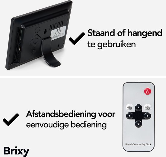Brixy Dementieklok - 24 Alarmfuncties - Incl. Afstandsbediening - Automatische Dimfunctie - Kalenderklok - Zwart
