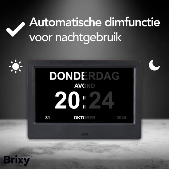 Brixy Dementieklok - 24 Alarmfuncties - Incl. Afstandsbediening - Automatische Dimfunctie - Kalenderklok - Zwart
