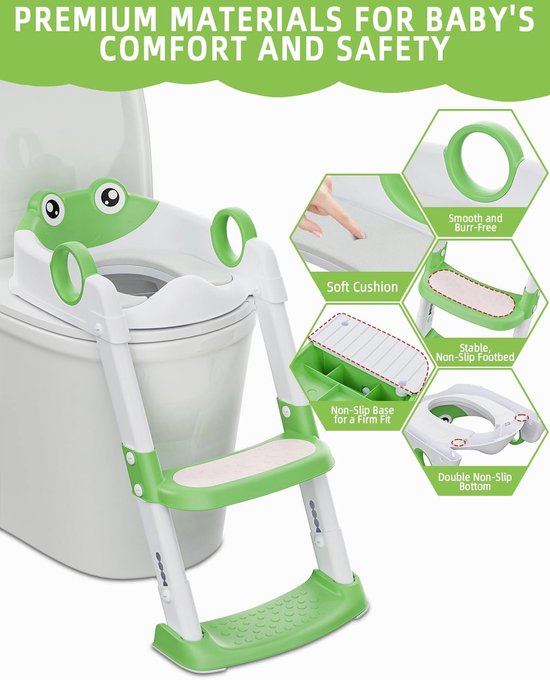 Toiletzitting voor kind met trap, hoogteverstelbare en opvouwbare voetplaat, spatwaterdicht en slipvast (groen/wit), geschikt voor jongens en meisjes Toiletzitting voor kind met trap, hoogteverstelbare en opvouwbare voetplaat, spatwaterdicht en slipvast (groen/wit), geschikt voor jongens en meisjes