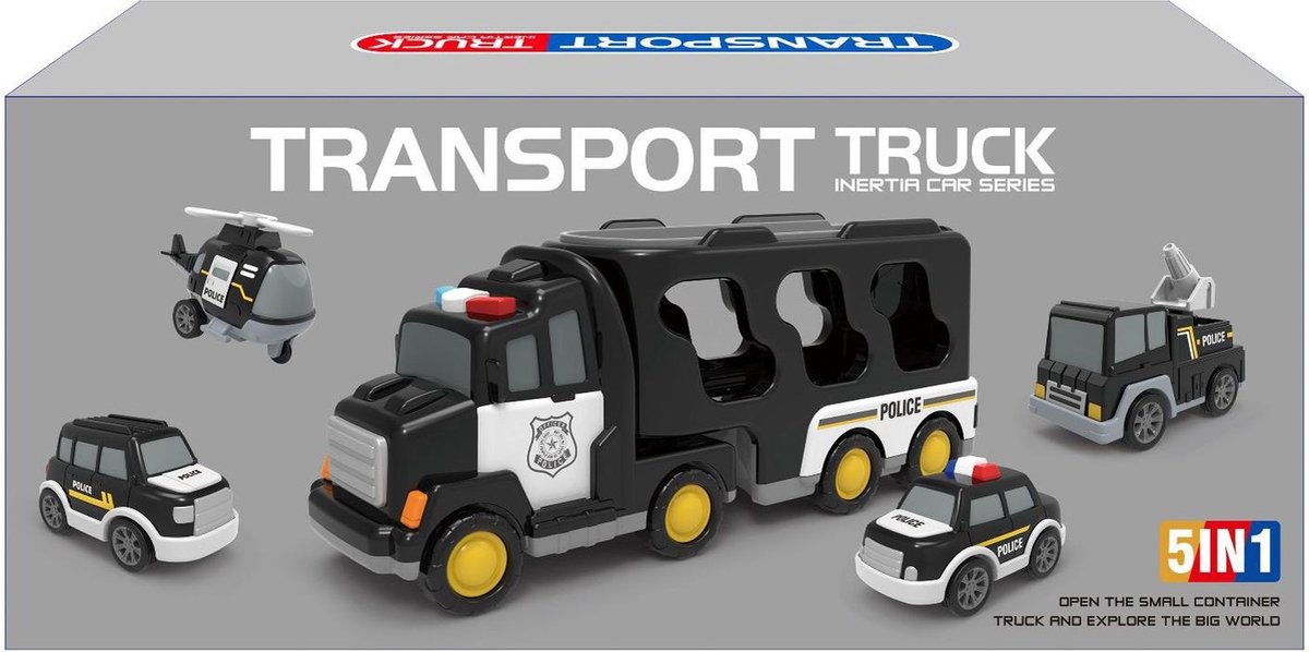 Speelgoed vrachtwagen 33cm met licht en geluid en vier kleine auto's - oplegger - speelgoed truck - politie - ONELIV — afbeelding 10