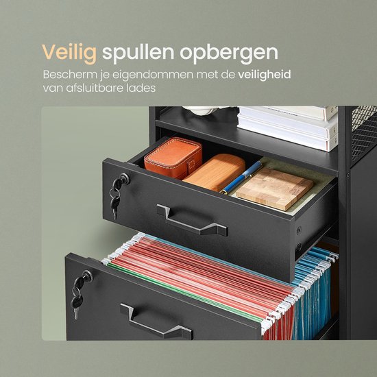 Detail van een open, vergrendelbare lade met documenten en een vergrendelbare lade met spullen.