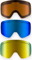 Set van drie verwisselbare skibrillenglazen in bruin, blauw en goud.