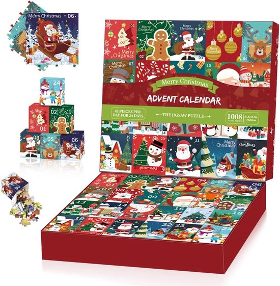 HIULLEN Adventskalender 2024, puzzel voor volwassenen, 1008 delen, kerstkalender, cadeaus voor kinderen, 24 vakjes, kerstpuzzels, cadeau voor jongens en meisjes