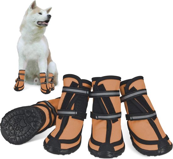QKURT 4 stuks hondenschoenen, hondenlaarzen, pootbescherming, waterdichte hondenschoenen met reflecterende riemen, verstelbaar, wasbaar