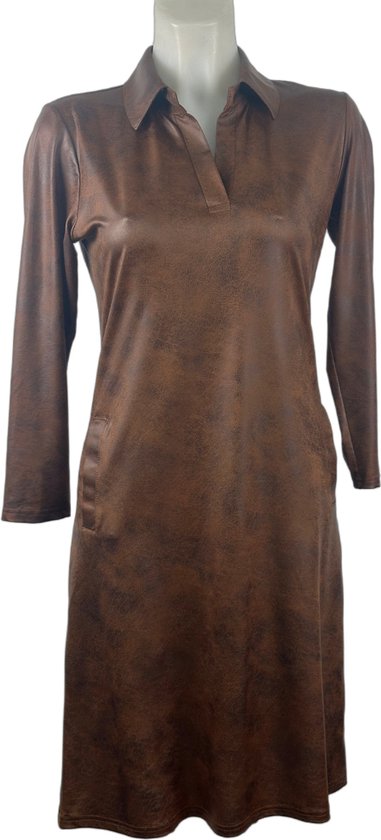 leren-look-jurk-met-lange-mouwen-en-klassieke-kraag-in-bruin
