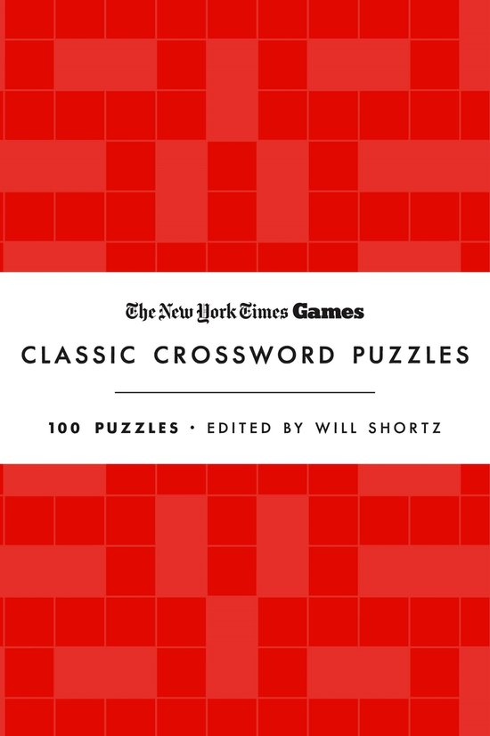 Rode cover met blokpatroon, titel New York Times Games Classic Crossword Puzzles en 100 puzzels bewerkt door Will Shortz.