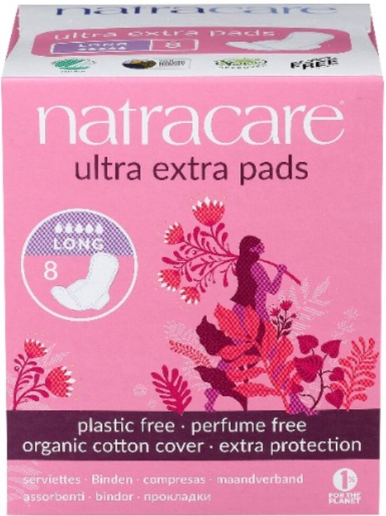 Roze pak met 8 Natracare Ultra Extra Long maandverbanden, met plantenillustraties en een vrouw met fluit.