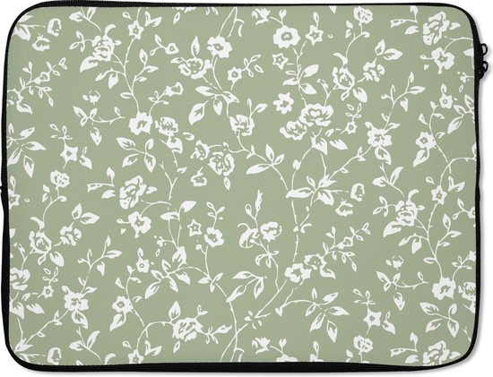 Laptophoes met een groen met wit bloemenpatroon, zijkant van de hoes met rits.