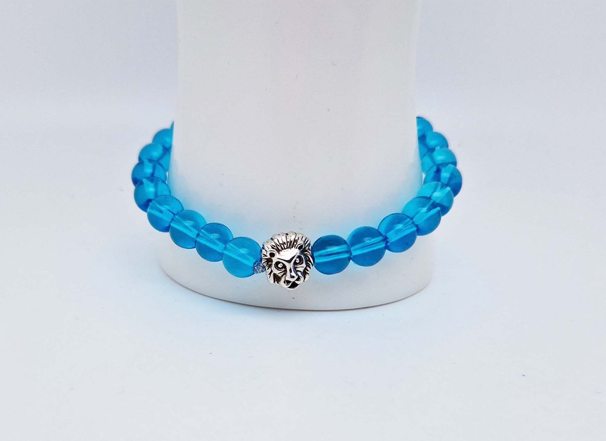 Handgemaakte natuursteen armband met Metalen vorm - Model 16 - "Blauwe kwarts" -8 mm diameter van de korrel- Diameter armband 20 cm - Een mooi cadeau voor familie en vrienden