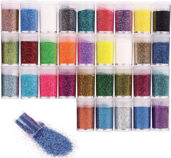 Lot De 32 Poudres à Paillettes Multicolores - Petits Pots De 5g, Pour Ongles, Arts Créatifs, DIY, Décoration - Cosmétique Qualité