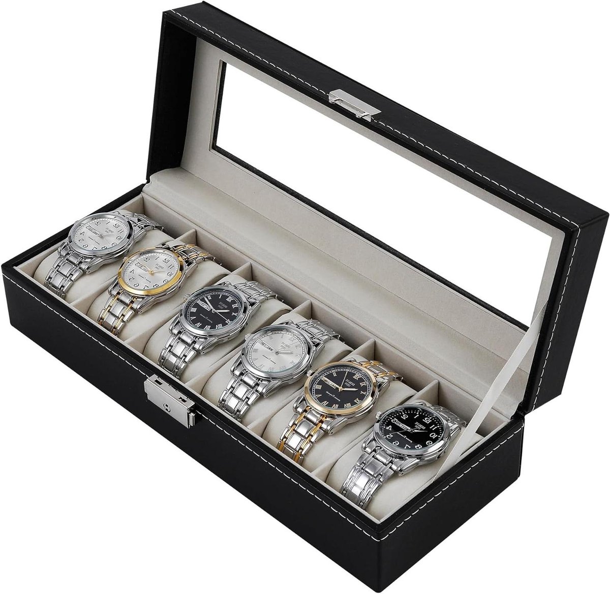 Horlogedoos voor 6 horloges met glazen deksel en fluwelen voering - opbergdoos met venster en metalen sluiting - zwart PU-etui